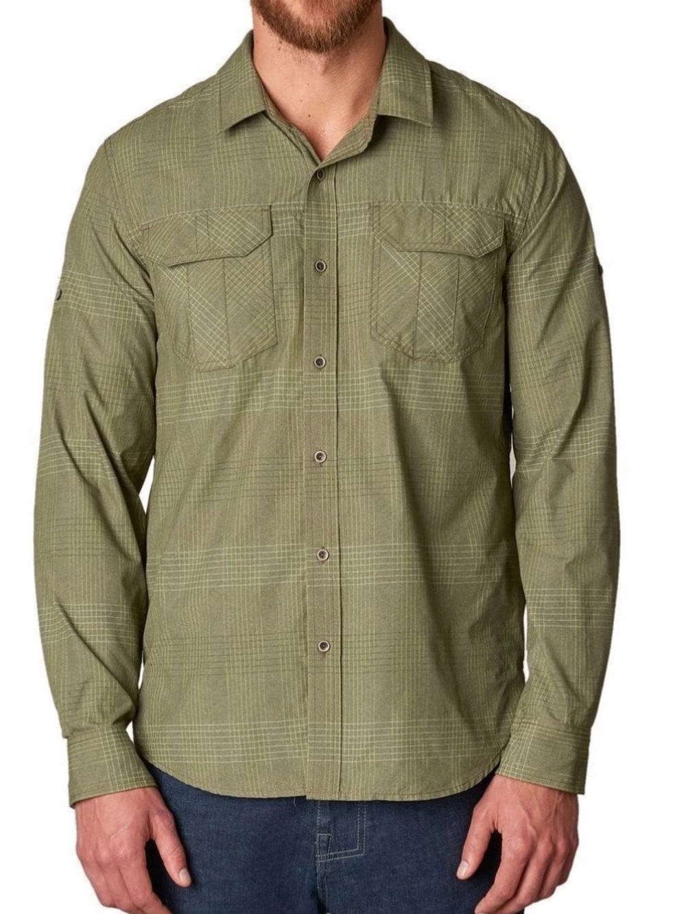 prAna Men’s L Citadel Shirt Green Plaid Roll Sleeve Button Down Pockets Outdoor